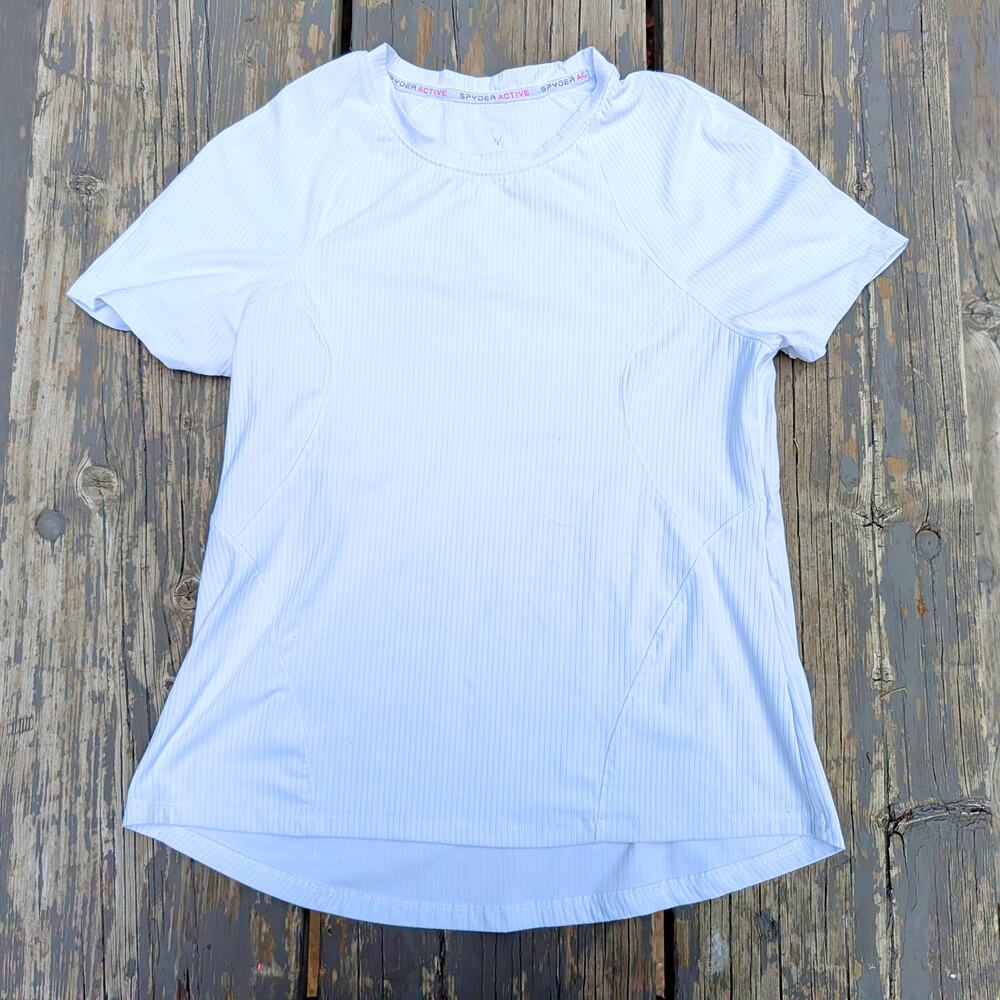 Spyder Active Womens M White Ribbed Athletic Workout T-Shirt Short Sleeve